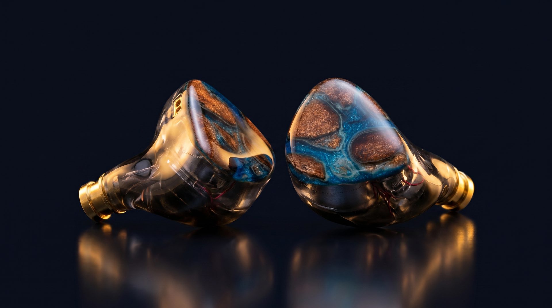 SymphonyEars PRE5TIGE in-ear monitors with marbled blue and copper faceplates