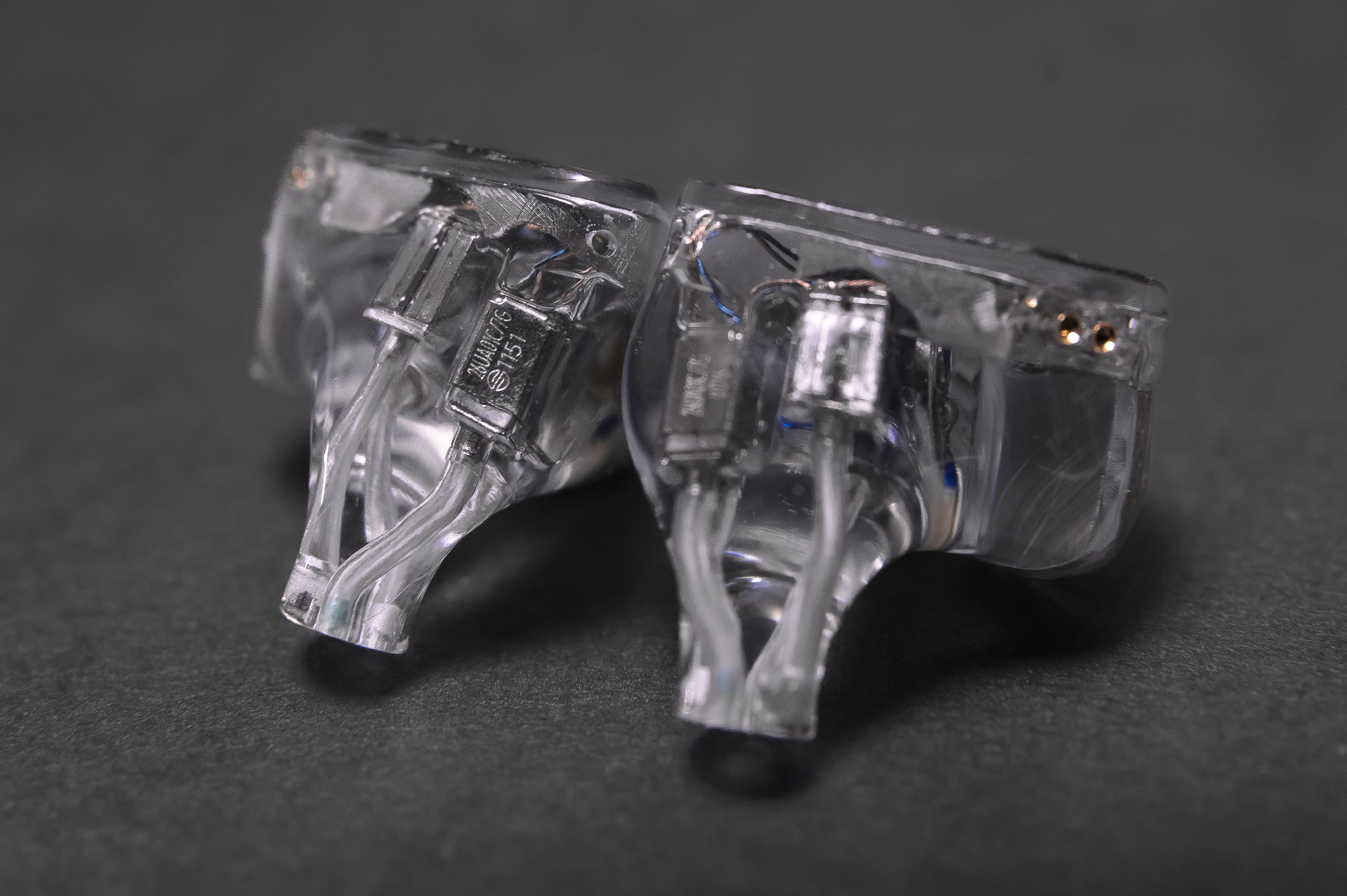 Hexad II shells from behind, drivers and wiring visible through the resin